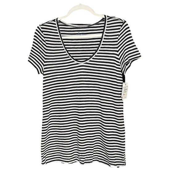 Susina Tops - SUSINA XS Black & White Stripe Soft Lightweight Top Summer V-Neck NEW